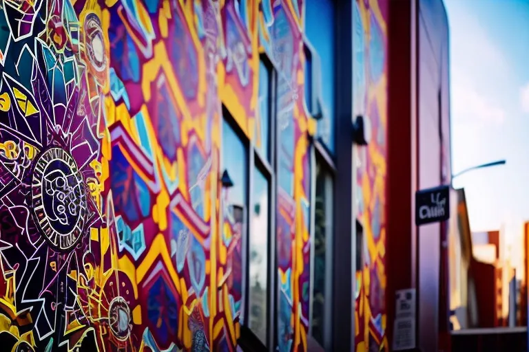 A colorful mural adorns the side of a building in a bustling urban area, with vibrant hues and intricate designs that capture the essence of the city's artistic energy.