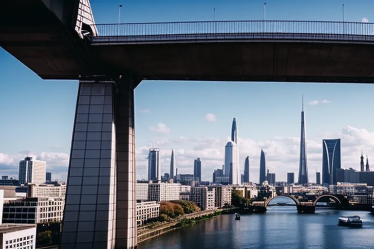 A bridge towering over a river, surrounded by a cityscape with a cloudy sky in the background.