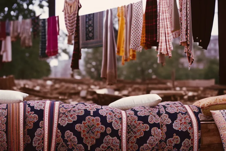A photo of a colorful display of various textiles hanging from a wooden beam against a neutral background, with a few patterned throw pillows scattered in front.
