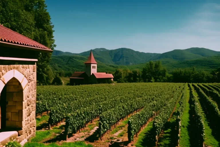 A picturesque vineyard in a mountainous region, with rows of grapevines stretching into the distance and a quaint stone building in the background.