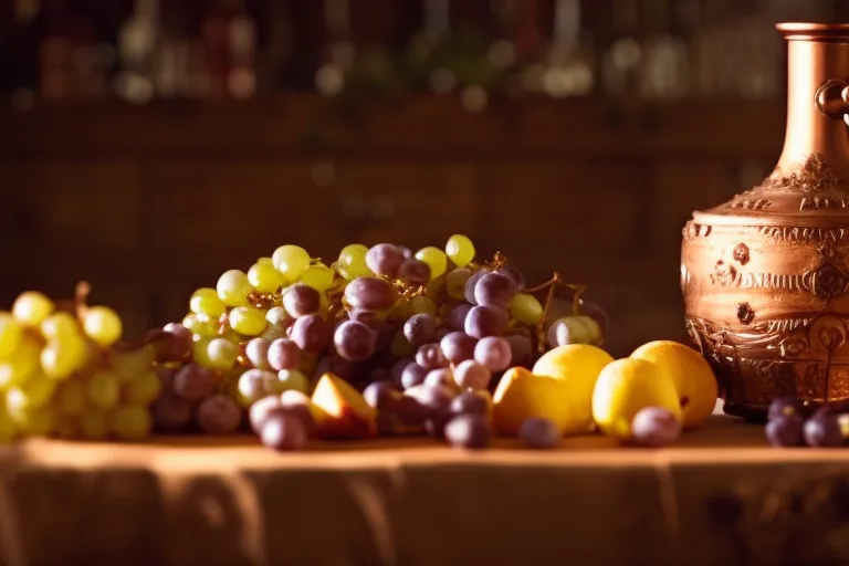 A rustic copper still sits atop a wooden table, surrounded by bunches of grapes and scattered fruit peels. A warm light illuminates the scene, highlighting the intricate details of the still.