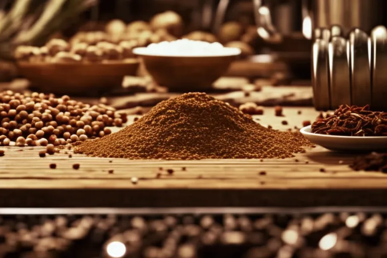 A rustic kitchen setup with a wooden cutting board, fresh ingredients, and a bowl of spices, all arranged in a symmetrical pattern.