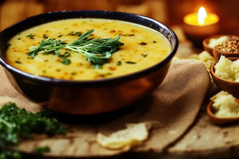 A warm and inviting bowl of golden soup with a sprinkle of fresh herbs on top, served on a rustic wooden table with a colorful textile backdrop.