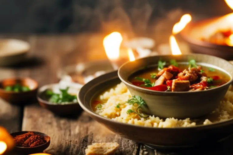 A steaming bowl of chikhirtma soup sits on a rustic wooden table, surrounded by traditional Georgian spices and herbs. The warm glow of candlelight adds to the cozy ambiance.