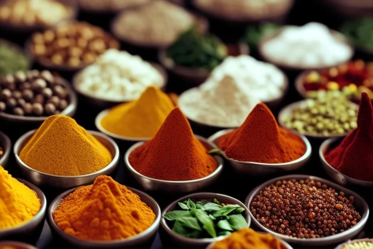 A colorful array of spices and ingredients arranged in a geometric pattern, showcasing the vibrant flavors of Chirbuli.