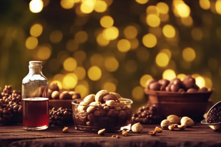 A rustic display of nuts and grape juice with a spool of string and a wooden tool, evoking a sense of traditional harvest season and homemade goodness.