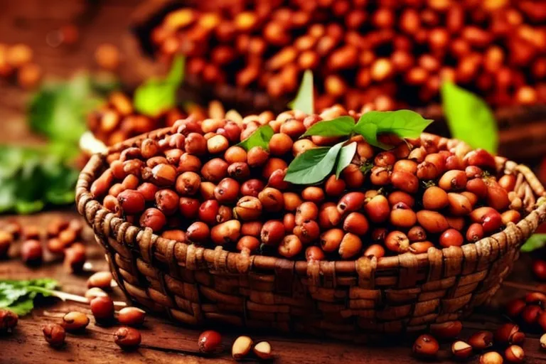 A rustic wooden basket filled with colorful Churchkhela, surrounded by scattered nuts and grape leaves on a textured surface.