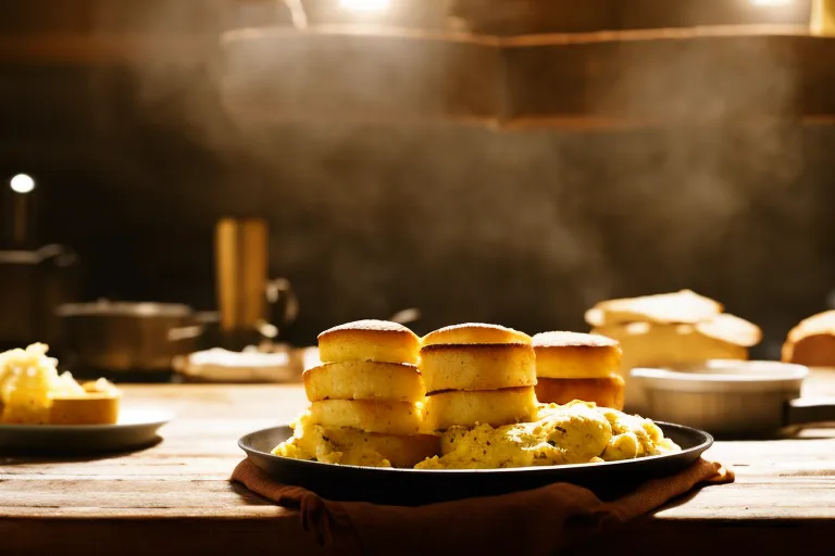 A rustic wooden table with a steaming hot cast iron skillet filled with golden chvishtari. A stack of fresh cornbread on the side and a jar of homemade cheese spread in the background.