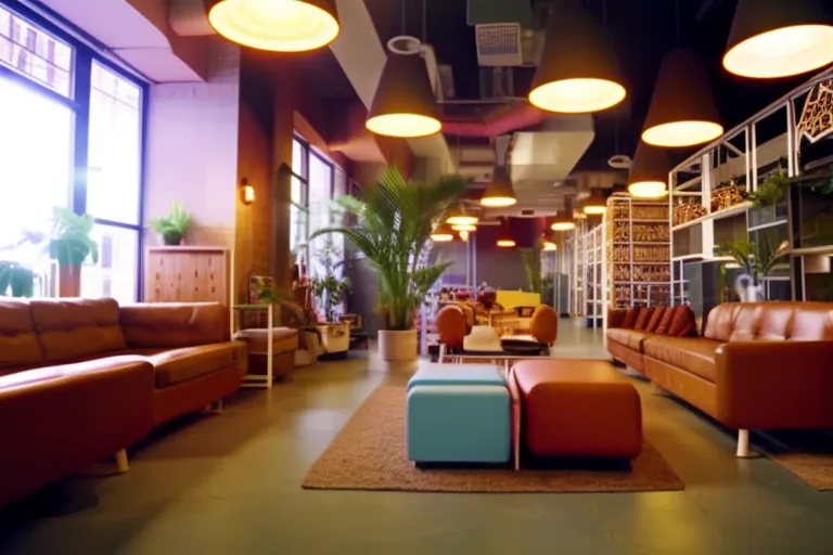 A colorful and vibrant common area of a hostel, with eclectic decor and comfortable seating. The space is filled with natural light and plants, creating a cozy and welcoming atmosphere.