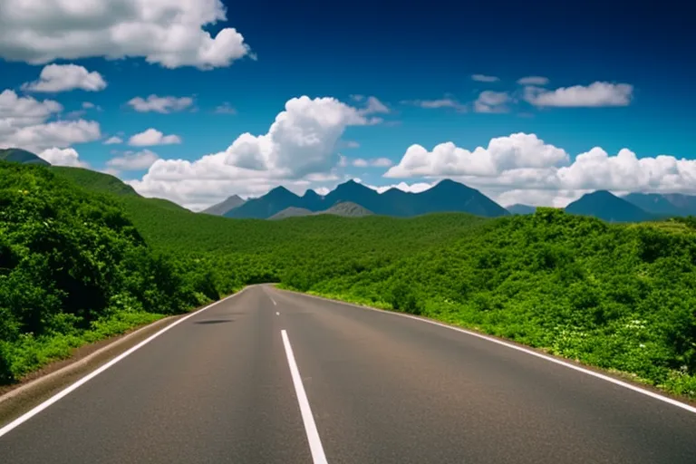 A winding road snakes through lush greenery, leading towards a distant mountain range. The sky overhead is blue and dotted with fluffy white clouds.