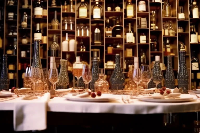 A table set with an array of colorful dishes, surrounded by bottles of wine and elegant glasses. The backdrop is a beautiful, intricate patterned tapestry.