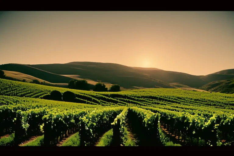 A rustic landscape featuring rolling hills and vineyards, with a single qvevri in the foreground and a small winery in the distance.