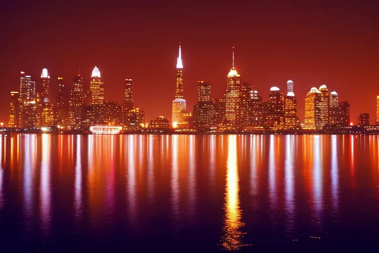 A city skyline at night with vibrant lights and colors reflecting in the water below.