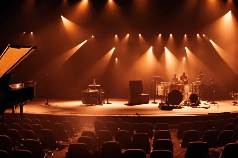 A dimly-lit room with a stage in the center, filled with the warm glow of amber lights. Instruments and sheet music are scattered around, waiting for the next jazz performance to begin.
