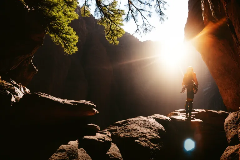 A person in canyoneering gear standing at the edge of a deep, rocky canyon with a rush of water below. Sunlight filters through the trees in the background.