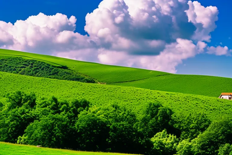A serene landscape with rolling hills in the background and a stable in the foreground. The stable is surrounded by lush greenery and colorful flowers. The sky is a vibrant shade of blue with fluffy white clouds.