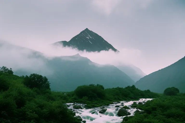 A misty mountain peak surrounded by lush greenery and a flowing river in the foreground.