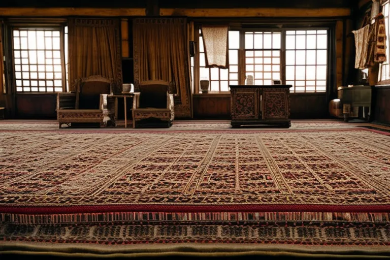 A colorful array of intricately woven carpets displayed on a rustic wooden frame, with natural light filtering through a nearby window.