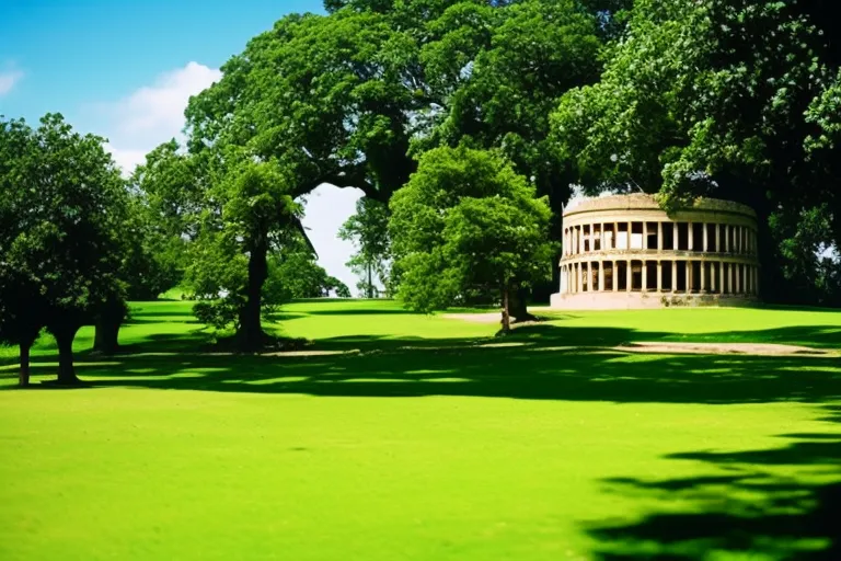 A stunning photo of a majestic ancient structure rising from a lush green landscape, with a clear blue sky in the background.