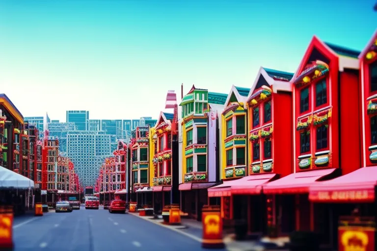 A fusion of architectural styles and flavors, captured in a vibrant scene of colorful buildings and exotic cuisine.