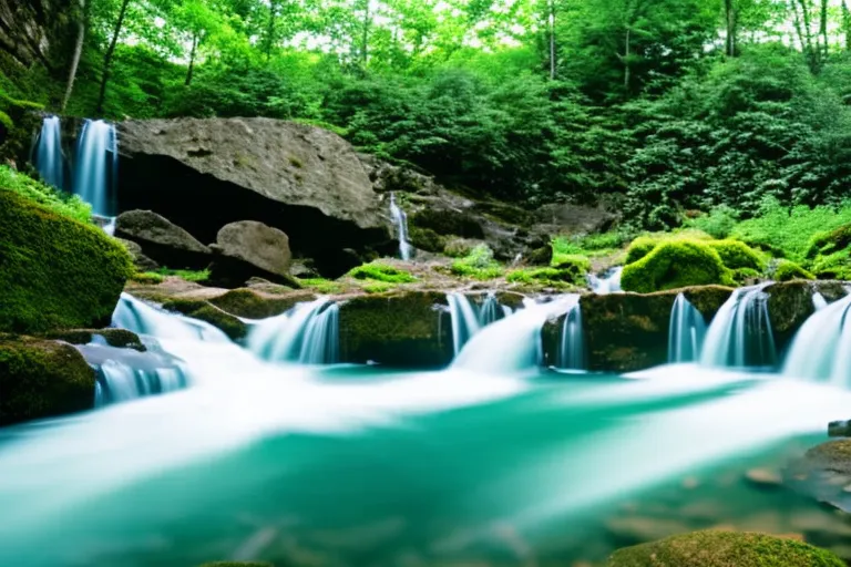 A tranquil scene of cascading water surrounded by vibrant green foliage and rocky terrain. The water appears to be frozen in time, creating a moment of stillness and serenity.