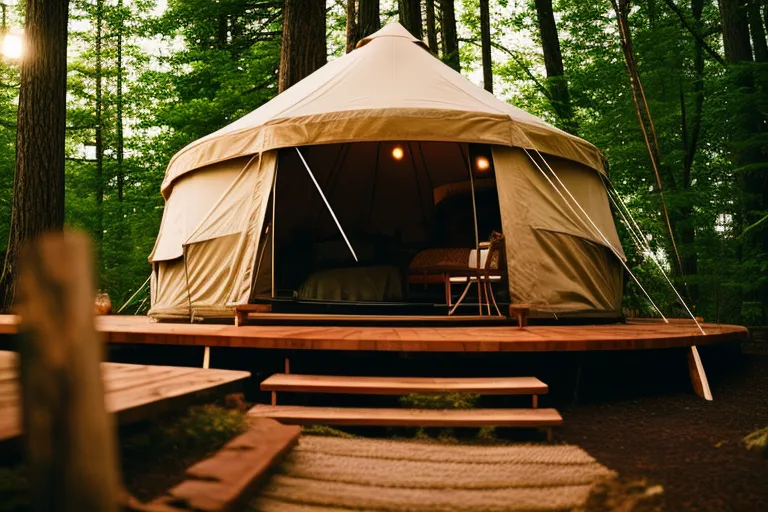 A serene glamping scene surrounded by lush greenery, featuring a cozy yurt with a crackling fire pit and a wooden boardwalk leading to a sustainable treehouse, nestled among the trees.