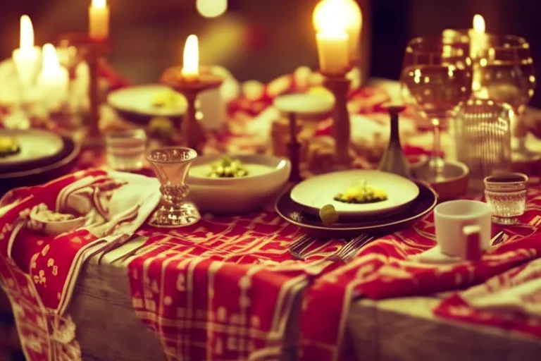 A warm, inviting table set with traditional dishes and drinks, surrounded by colorful textiles and handmade crafts.