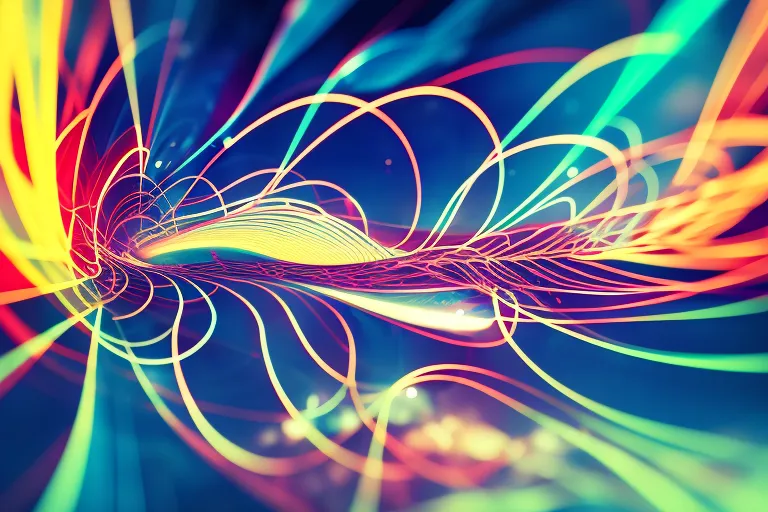 A colorful abstract photo featuring a vibrant blend of geometric shapes and curved lines, with a focal point in the center that gives a sense of movement and energy.