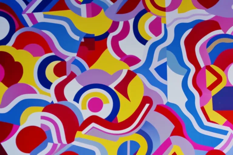A colorful mural of abstract shapes and patterns adorns the side of a building, showcasing the vibrant art scene of an imaginary city.