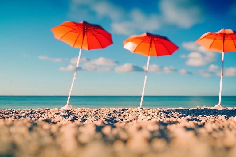 A serene beach with crystal clear waters and colorful umbrellas scattered across the sand. The sky is blue with a hint of orange from the setting sun.