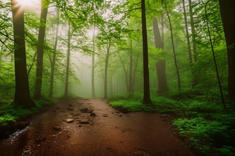 A misty forest path leads to a hidden waterfall, surrounded by towering trees and vibrant wildflowers.