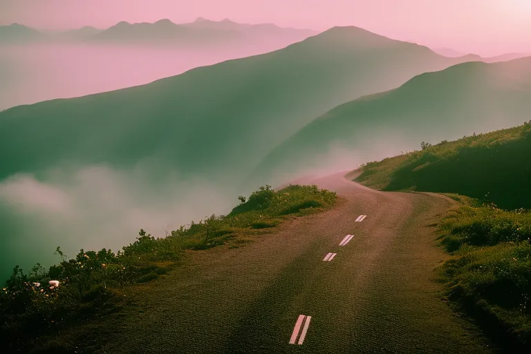 A misty mountain landscape with a winding road leading into the distance.