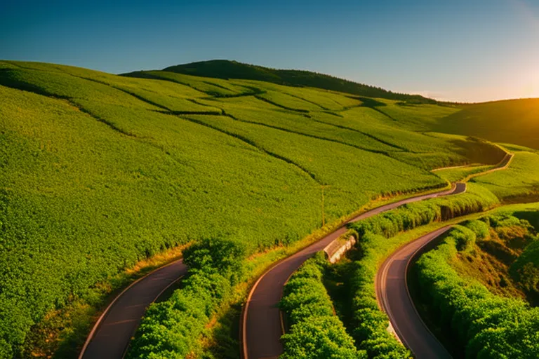A winding road leading through lush green hills and vineyards, with a hint of a colorful sunset in the background.