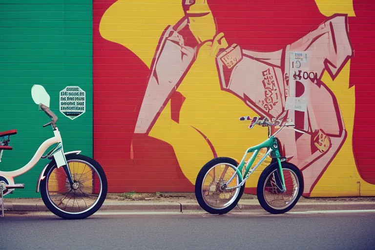 A bike leaning against a colorful wall with a sign pointing towards a winding road.