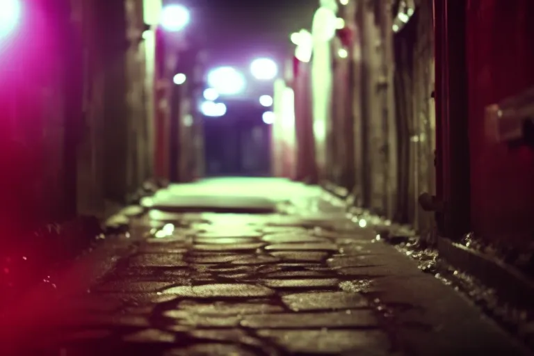 A neon-lit alleyway leads to a hidden door with a sign featuring a symbol representing experimental music.