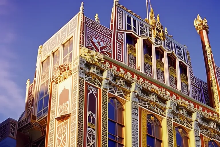 A colorful, ornate building with flowing lines and intricate decorations stands tall against a clear blue sky.