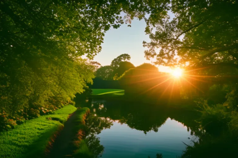 A serene garden path surrounded by vibrant greenery leads to a picturesque bridge arching over a tranquil pond. The soft light of dawn illuminates the scene, creating a peaceful and romantic atmosphere.