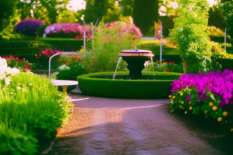 A vibrant garden oasis with a winding path leading to a picturesque fountain surrounded by colorful flowers.