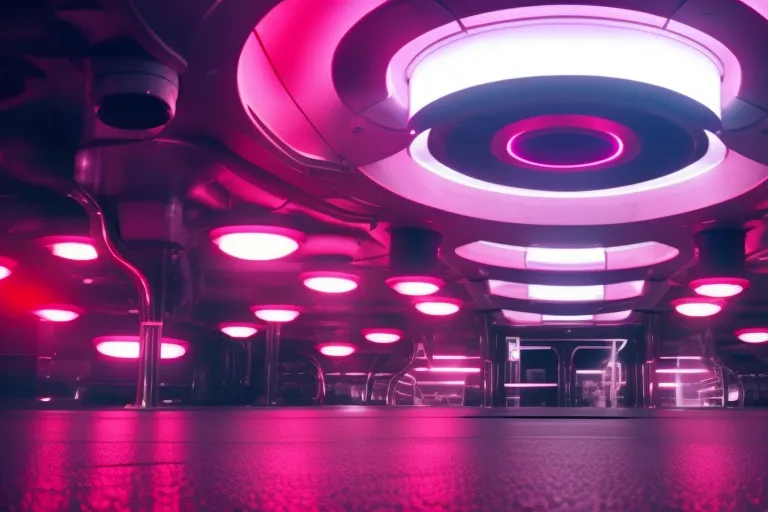 A colorful underground space with neon lights and futuristic elements.
