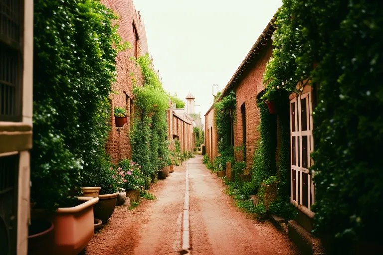 A narrow passageway with a glimpse of greenery in the distance, leading to a hidden courtyard filled with colorful flowers and rustic architecture.