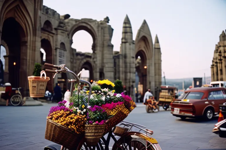 A vibrant photo featuring a colorful bike with a basket filled with flowers, parked in front of a towering stone structure with intricate carvings and arches. The background shows a bustling street with market stalls and people going about their day.