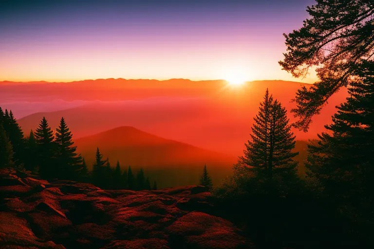 A misty forest with winding trails leading to a mountaintop, where the silhouette of a lone tree stands against a colorful sunrise sky.