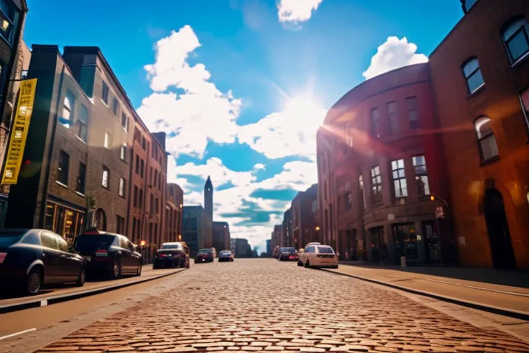 A winding cobblestone street with colorful buildings on either side, leading towards a towering stone archway at the end. The archway frames a bright blue sky with fluffy white clouds.