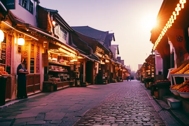 A vibrant and colorful street scene in a historic town, with traditional architecture, winding alleys, and bustling market stalls.