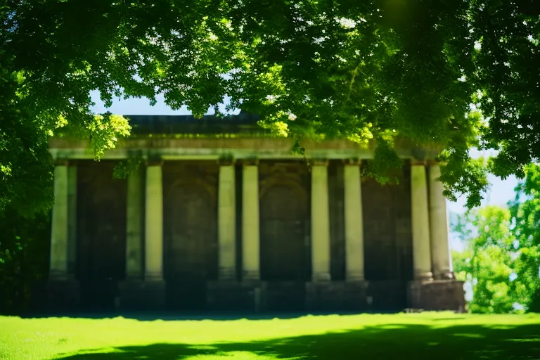 A mystical, ancient building surrounded by lush greenery and a clear blue sky.