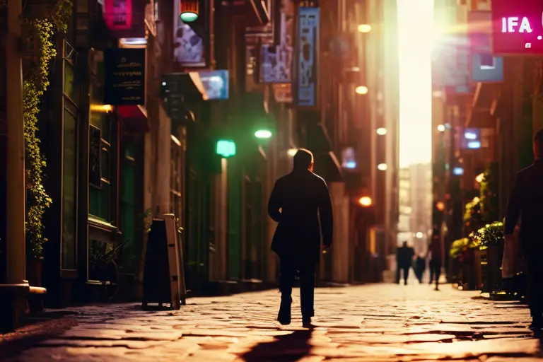 A vibrant and colorful scene of a hidden alleyway in a bustling city, with a few people wandering around and hints of nature peeking through.
