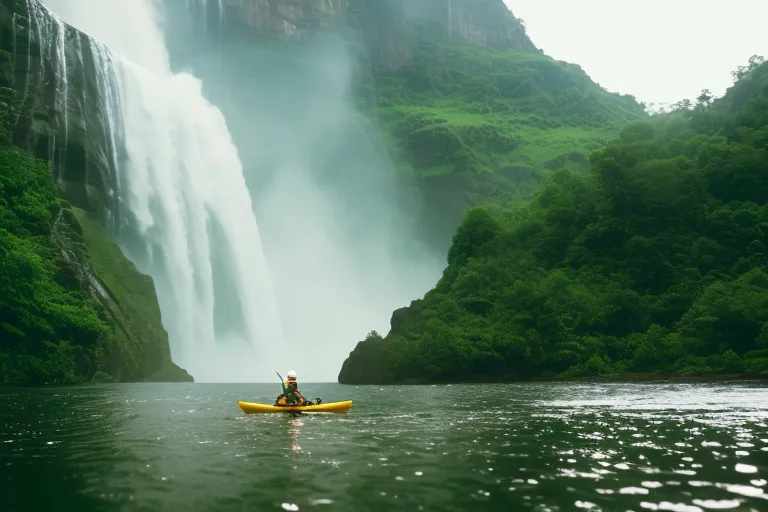 A kayaker paddling through misty waters towards a towering cascading waterfall, with lush greenery surrounding the riverbank.