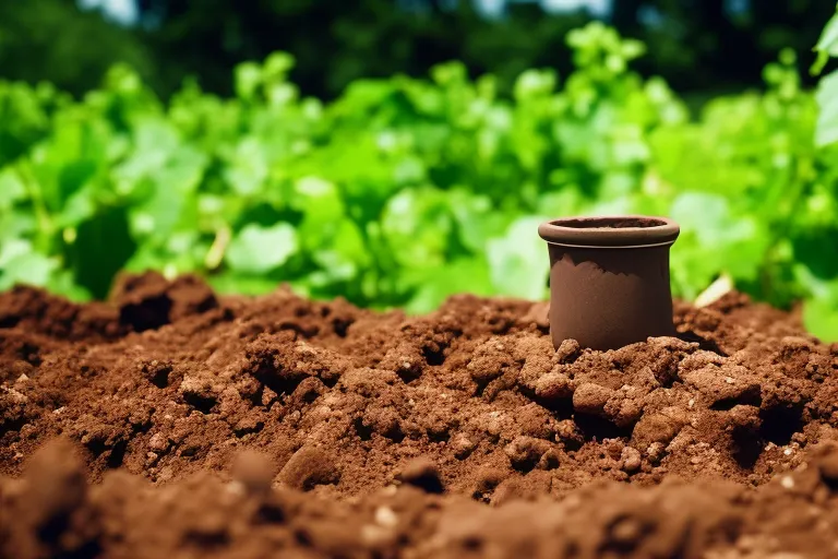 A clay vessel buried in the ground with grape vines growing in the background.