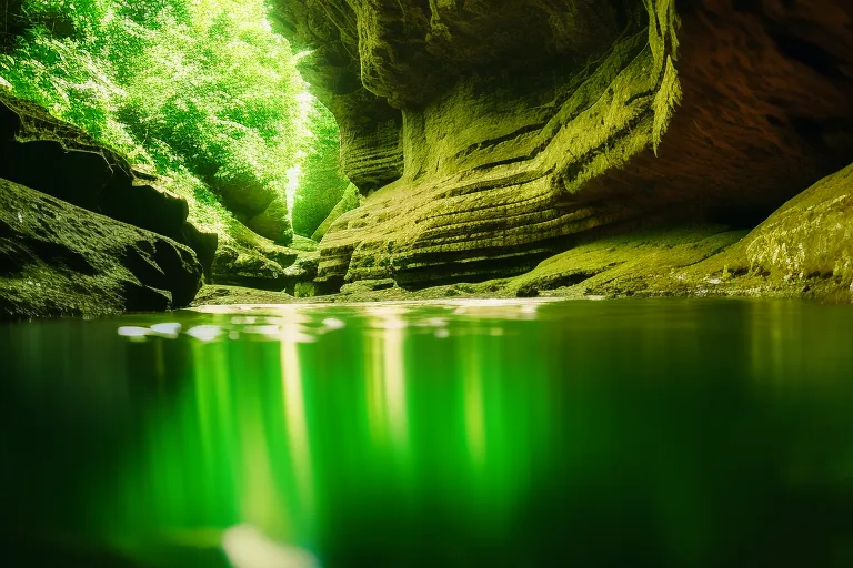 A surreal underground wonderland with intricate formations and glistening rivers. The path leads to a glowing portal to another dimension.