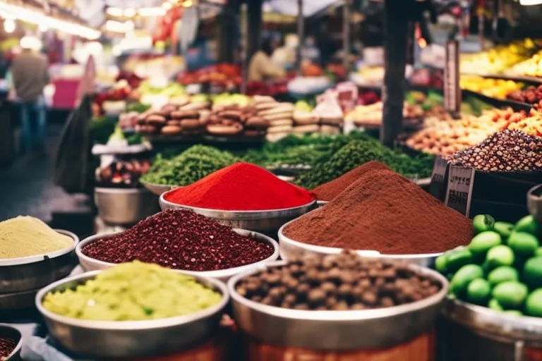 A bustling outdoor market in a vibrant city, with colorful stalls selling an array of spices, fruits, and vegetables. The photo captures the energy and diversity of Georgian cuisine.